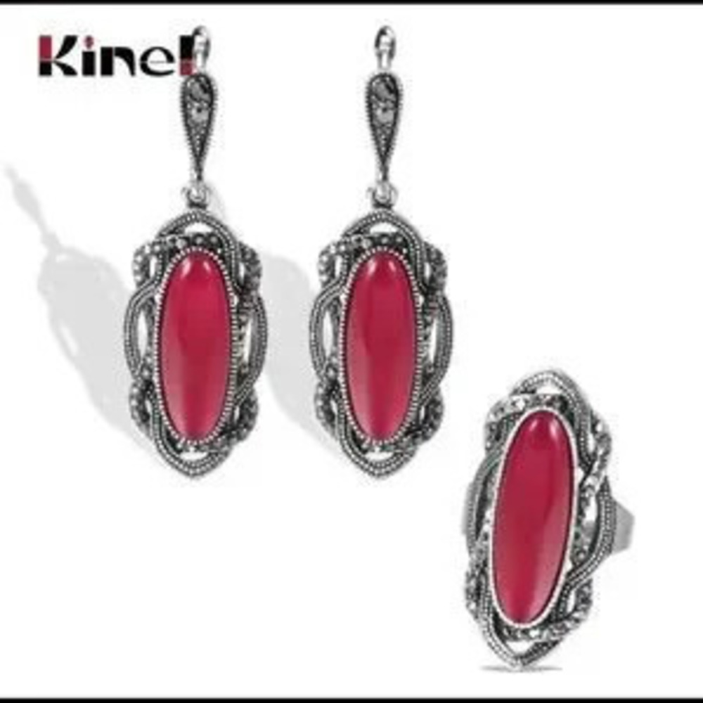 Retro Vintage Silver Red Earrings and?Ring Set size 7 Ring